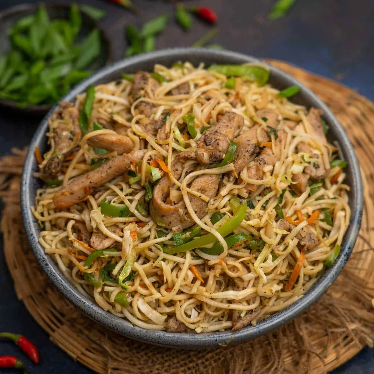 Chicken Hakka noodles at Green Chili Crowfoot, NW Calgary - Indo-Chinese wok-tossed noodles with vegetables